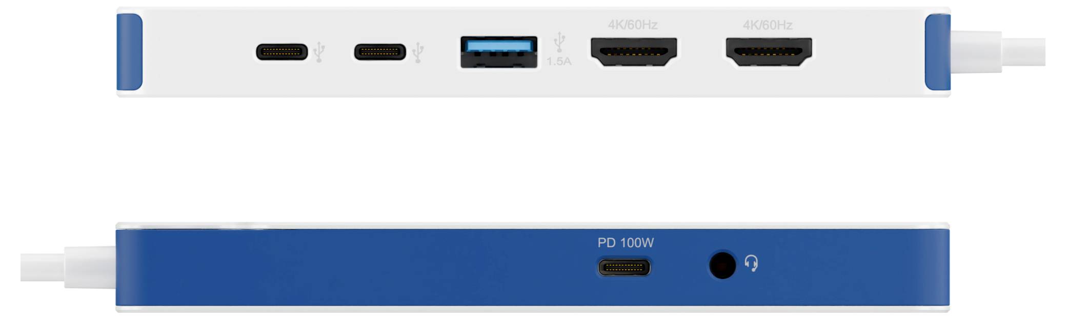 Horné a bočné pohľady na dokovací adaptér pre počítač s dvoma HDMI portami, USB-C portami, USB-A portom, konektorom pre slúchadlá a napájacím vstupom.