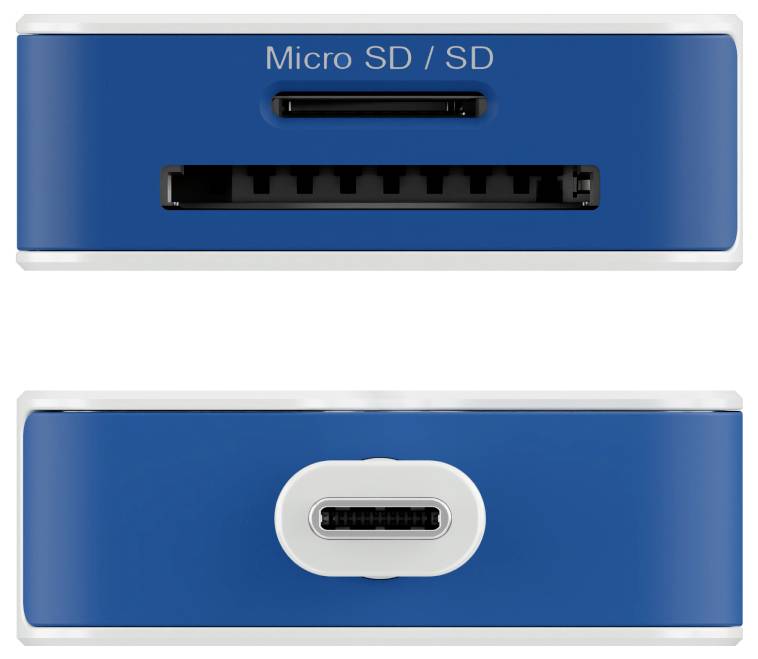 Modrá čítačka kariet s priestorom označeným 'Micro SD / SD' na jednej strane a USB-C portom na strane druhej.