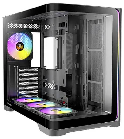 Prázdny herný PC case s RGB ventilátormi, priehľadným bočným panelom a viacerými možnosťami uchytenia. Ideálny pre vlastné zostavenie počítača.