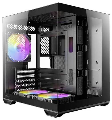 Priehľadný PC kryt vystavujúci RGB ventilátory a vnútorný priestor pre komponenty.