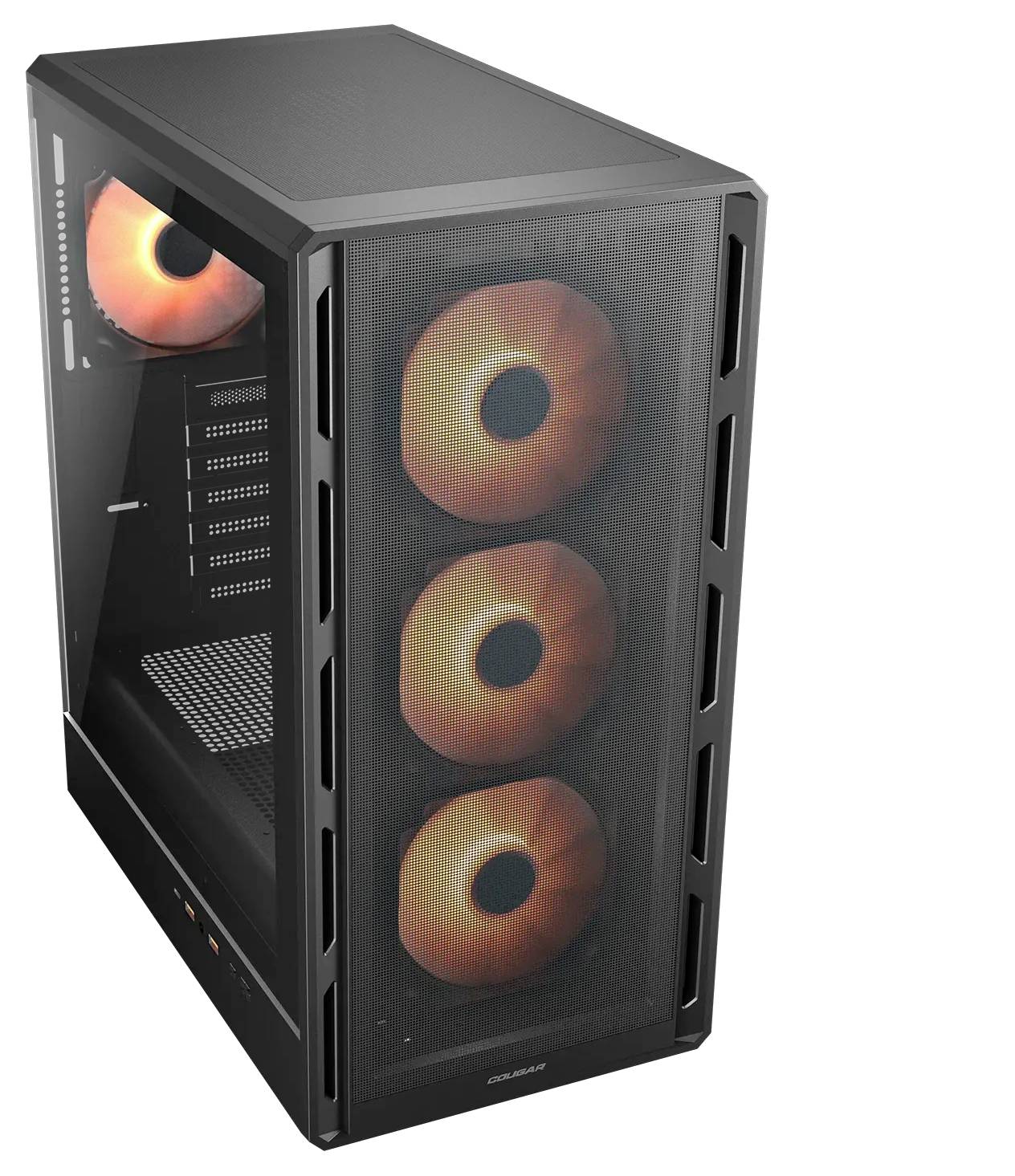 Štíhly čierny počítačový desktop s troma svietiacimi oranžovými ventilátormi viditeľnými vpredu a jedným na zadnom paneli, navrhnutý na chladenie.