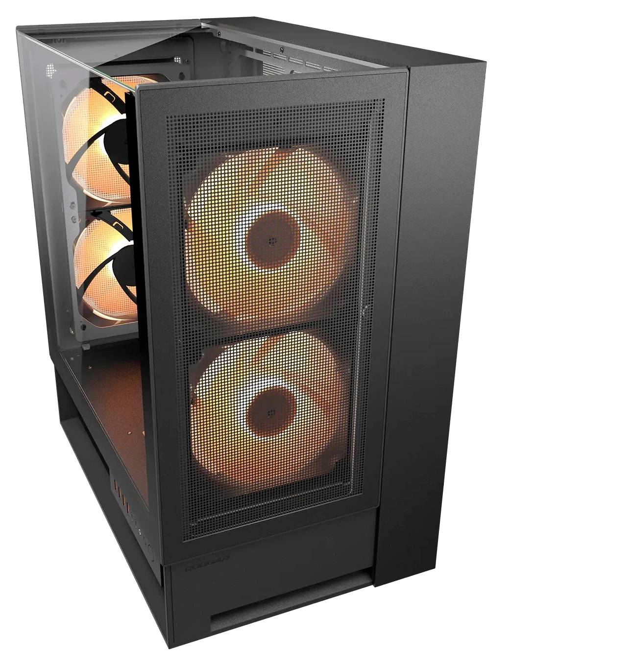 Čierny počítačový kryt s priehľadným predným panelom, ktorý odhaľuje dva veľké chladiace ventilátory s oranžovým osvetlením vo vnútri.