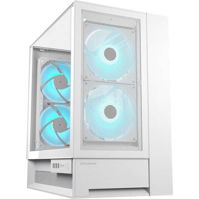 Biela počítačová veža s priehľadným bočným panelom zobrazujúcim tri osvetlené modré ventilátory vo vnútri.