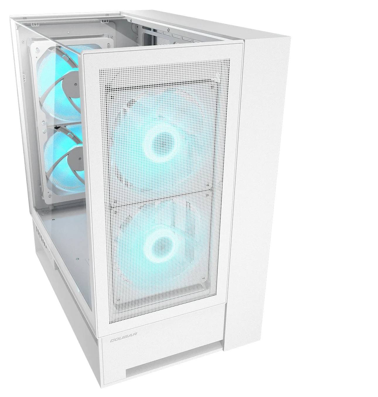 Biely počítačový kryt s priesvitnými panelmi, ktoré odhaľujú dva veľké, žiarivo modré chladiace ventilátory vpredu.
