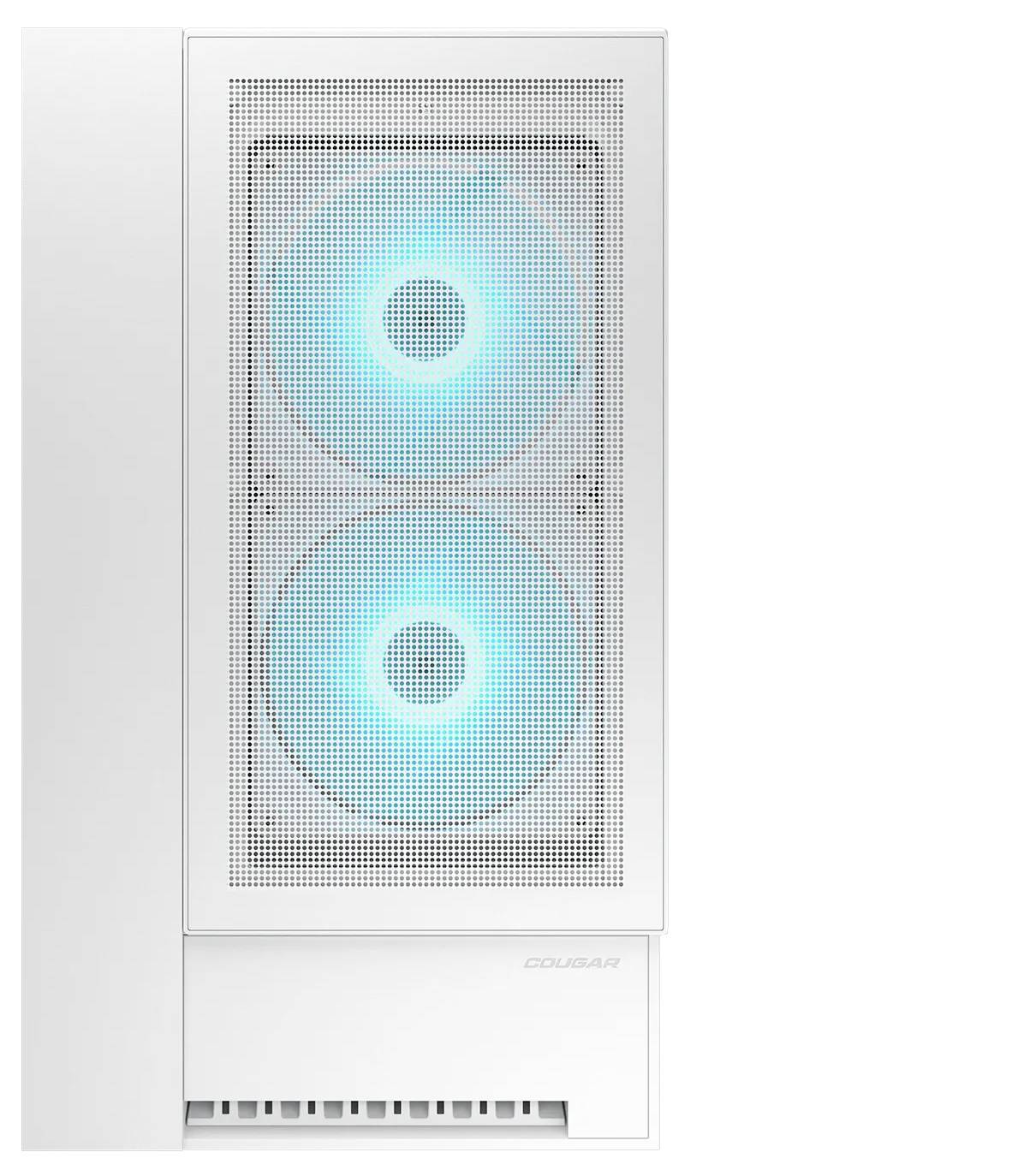Biela počítačová skrinka s predným panelom z mriežky zobrazuje dva svetielkujúce modré LED ventilátory vo vnútri.