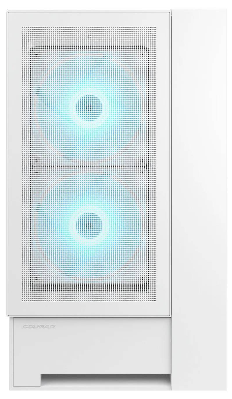 Biely počítačový kryt s dvoma viditelnými chladiacimi ventilátormi, ktoré žiaria modrým LED svetlom, čo naznačuje efektívne vetranie a moderný dizajn.