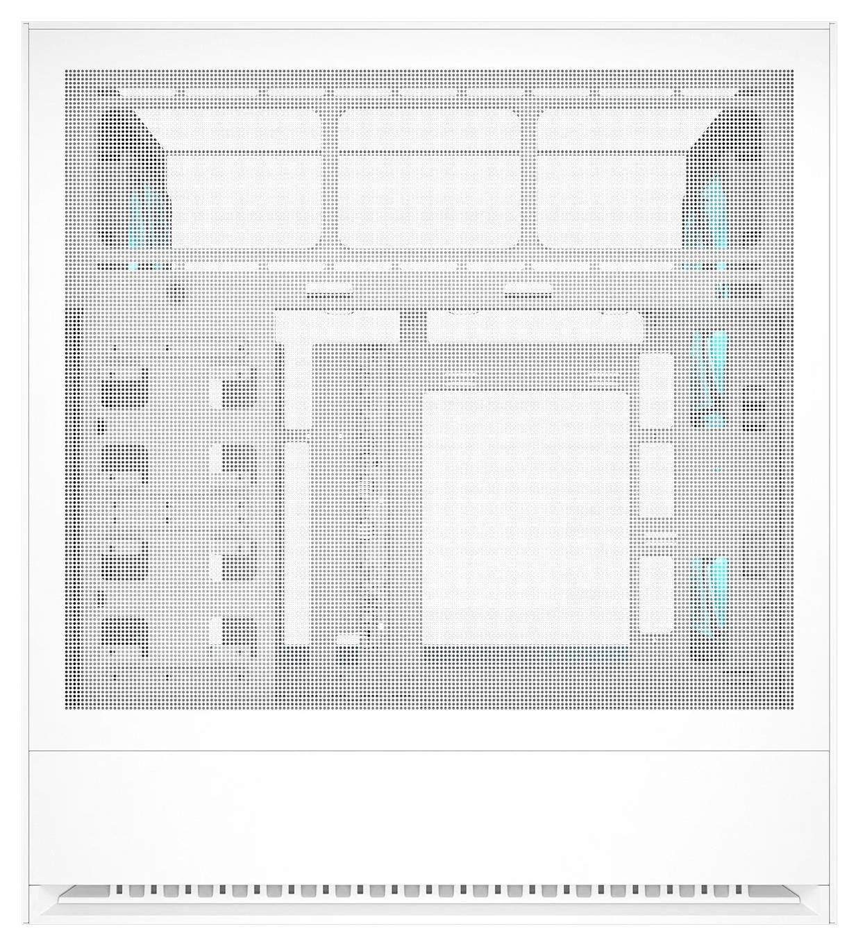 Minimalistický biely panel pripomínajúci vetraciu mriežku počítača alebo kryt reproduktora, s rovnomerne rozmiestnenými otvormi a jemnými modrými akcentmi.