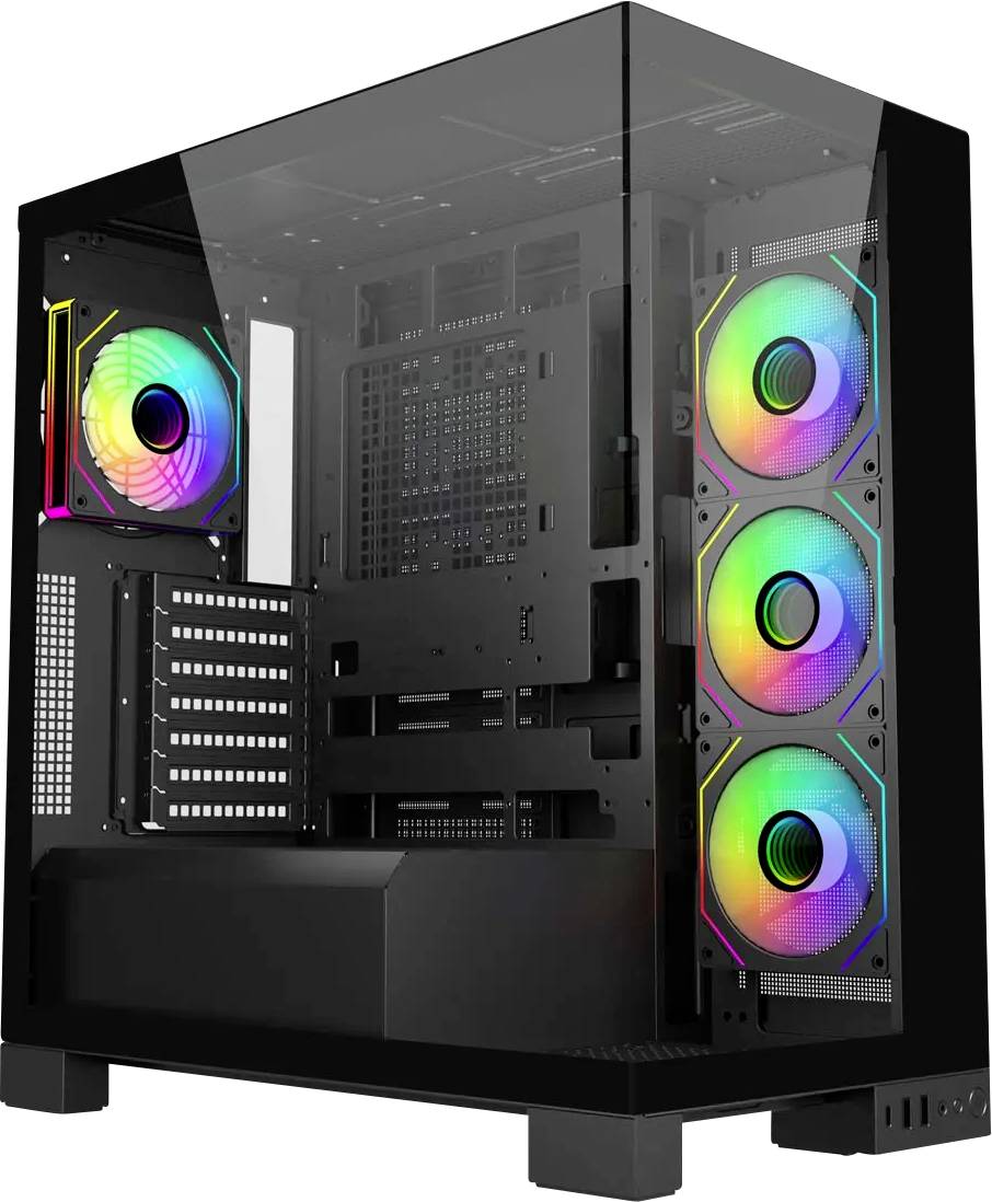 Herný počítačový kryt s tvrdeným skleneným panelom a viacerými RGB ventilátormi pre zlepšené chladenie a vizuálne efekty.