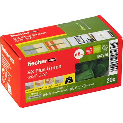 Fischer SX Plus Green skľučovacia kotva, krabička, 20 kusov, pre skrutky 6 mm a veľkosť 6x30, zobrazená v červenom a zelenom balení.