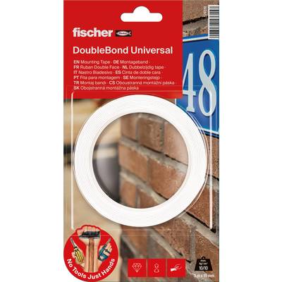 Fischer DoubleBond Universal obojstranne lepiacej pásky balenie, zobrazujúce bielu pásku s ikonou „Bez nástrojov, len ruky" a príkladom použitia na murivej stene.