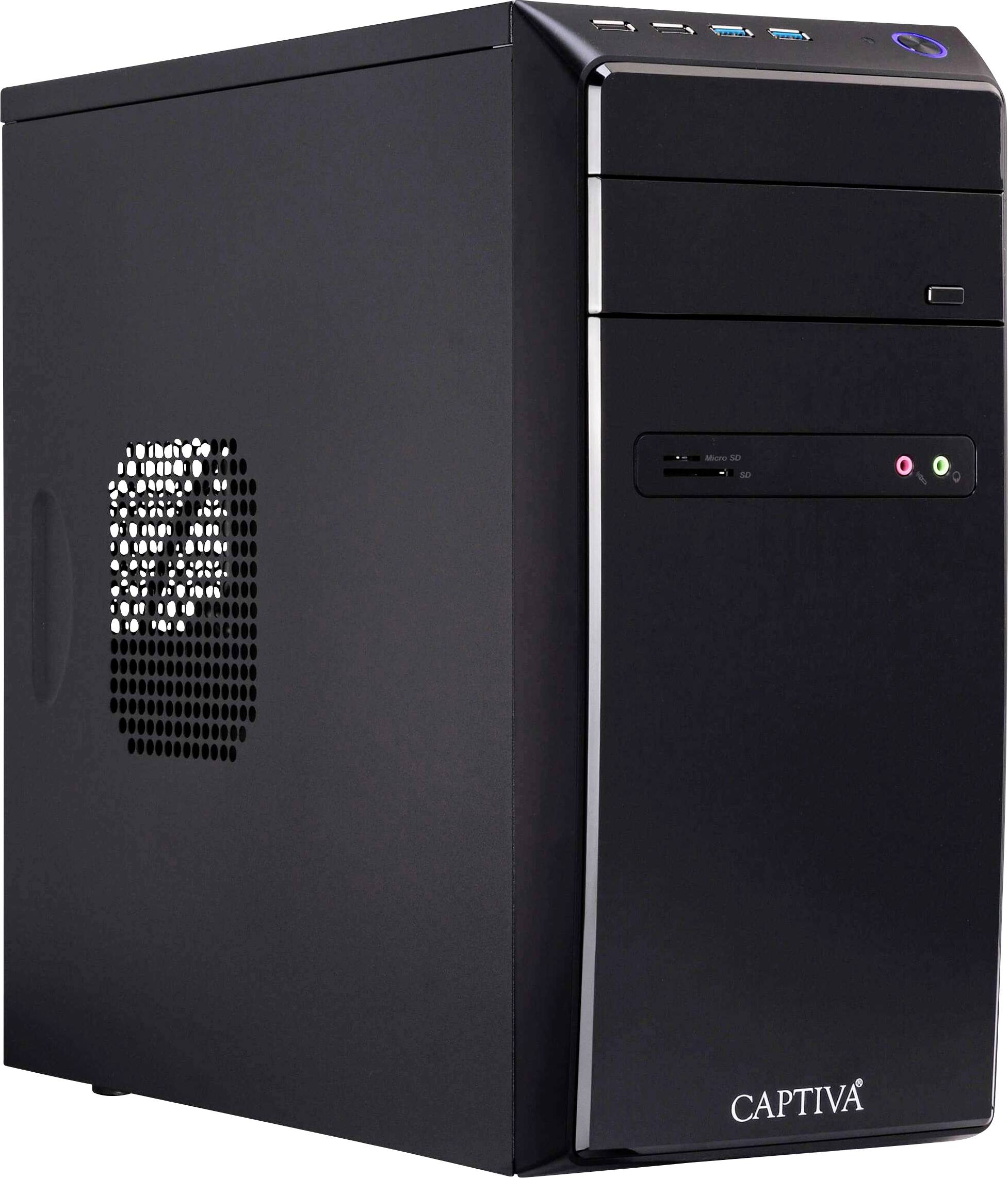 Čierny stolový počítačový tower so vstupmi USB, tlačidlom napájania a logom značky 'CAPTIVA' na prednej strane.