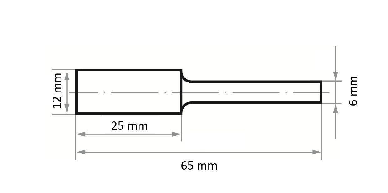 Technický výkres zobrazuje valcový objekt s rozmermi: dĺžka 65 mm, hlavný priemer 12 mm, priemer užšieho konca 6 mm a dĺžka sekcie 25 mm.