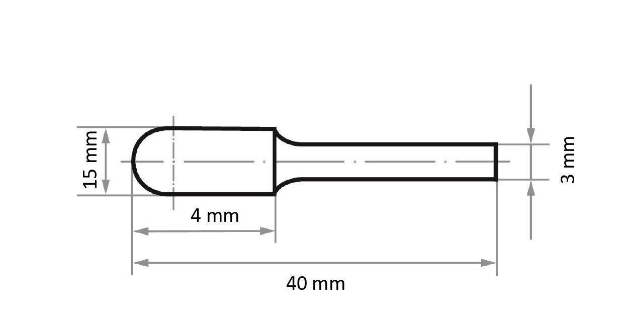 Technický výkres valcovitého predmetu so zaoblen(ý)m koncom, ktorý má dĺžku 40 mm a šírku 15 mm na zaoblenom konci, sužujúci sa až do 3 mm.