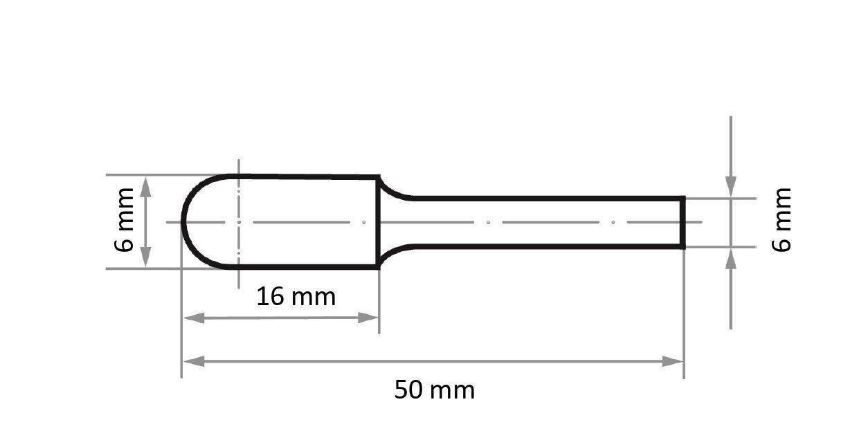 Technický výkres valcového objektu s rozmermi: dĺžka 50 mm, priemer 6 mm na oboch koncoch a sekcia široká 16 mm.