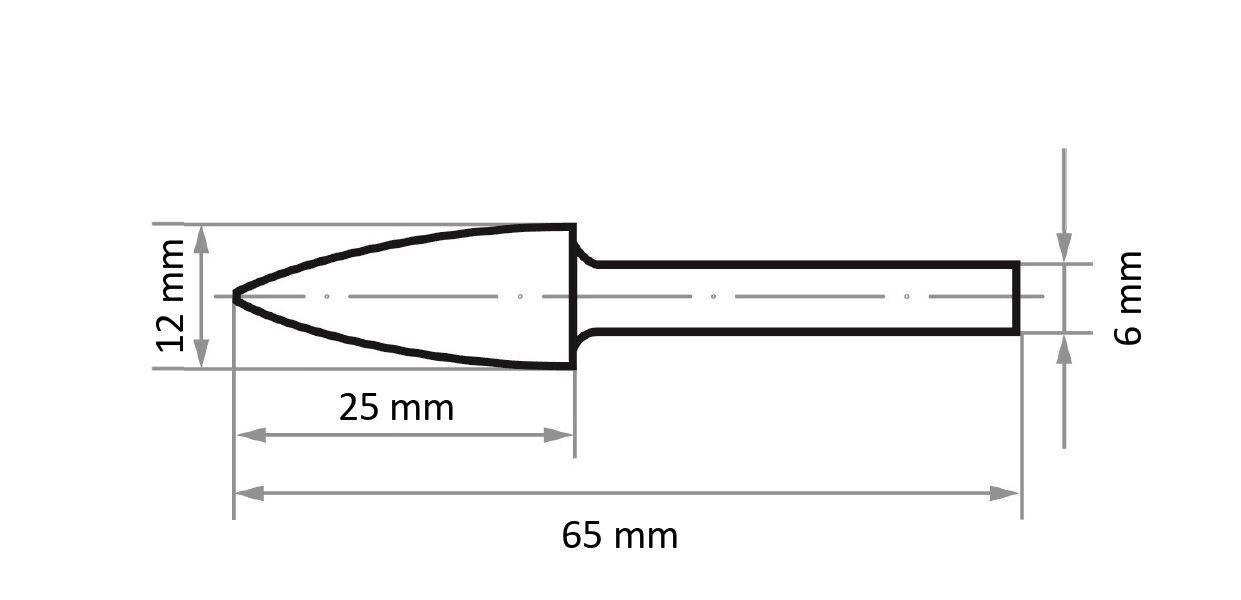 Technický nákres projektilu s rozmermi: dĺžka 65 mm, šírka 12 mm v najširšom bode, smerom k špičke sa zužujúci na 6 mm.