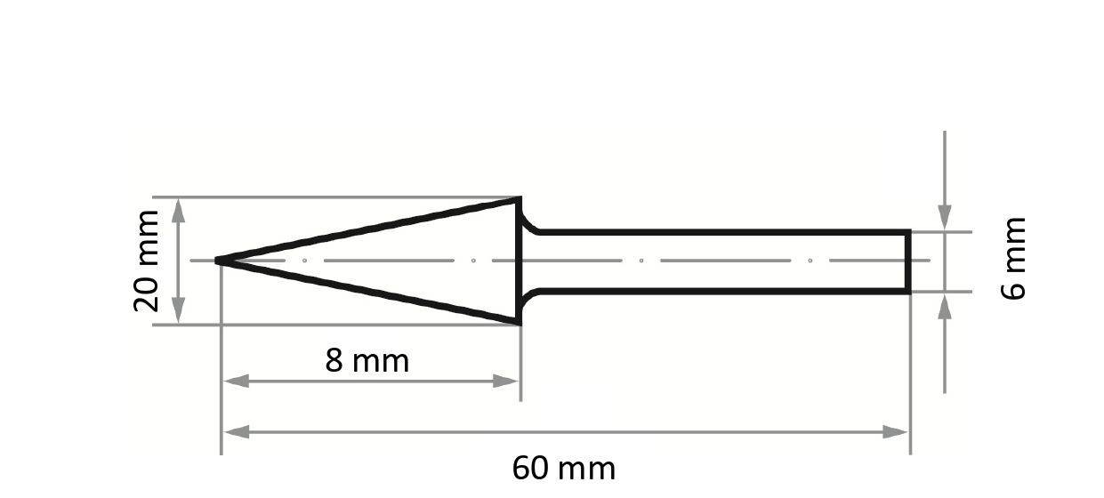 Technický výkres hrotu spájkovačky, bokorys: kužeľovitý tvar, dĺžka 60 mm, šírka hrotu 20 mm, dĺžka hrotu 8 mm, priemer základne 6 mm.