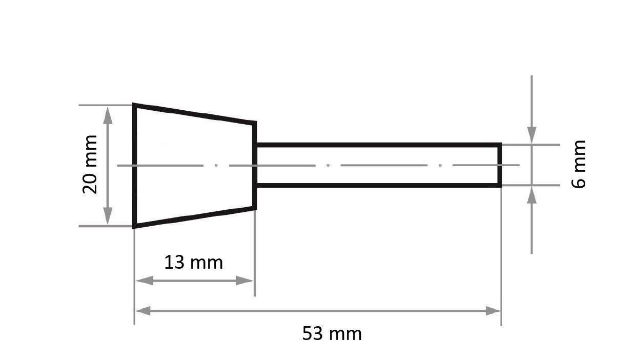 Technický výkres plochého vrtáka s rozmermi: šírka 20 mm, dĺžka 53 mm, šírka užšieho konca 6 mm, dĺžka sekcie 13 mm.