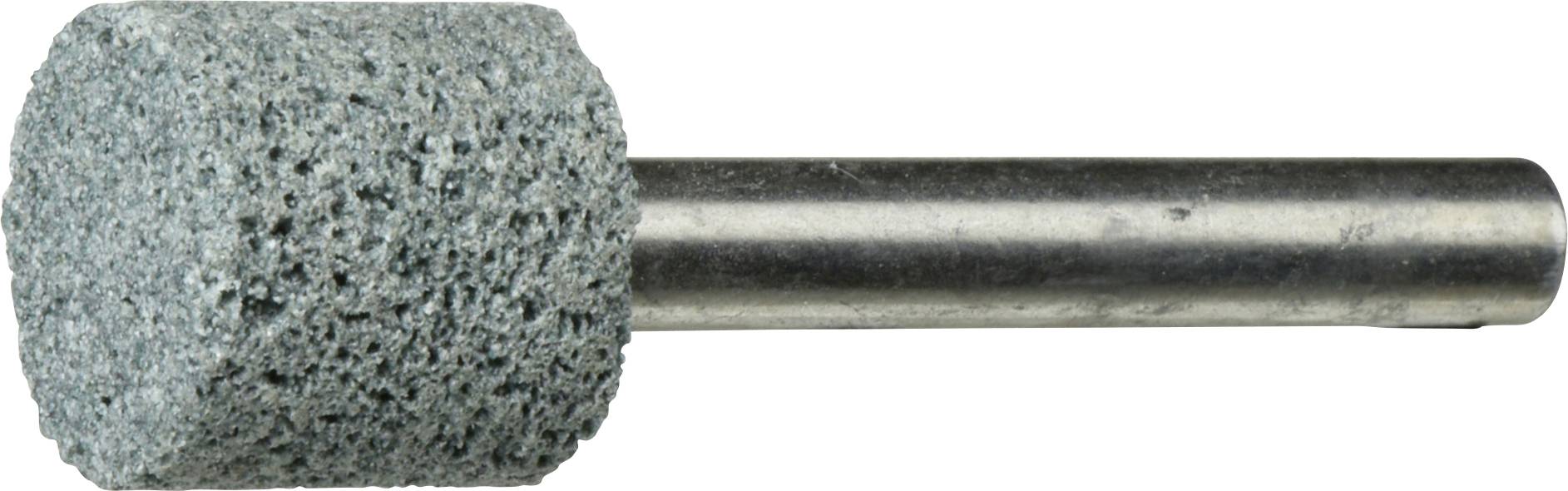 Valcový rotačný brúsny kameň s textúrovaným sivým povrchom a kovovým driekom, používaný na tvarovanie alebo vyhladenie materiálov.
