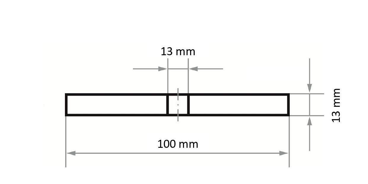 Horizontálny obdĺžnik s centrálnym delením je dlhý 100 mm a vysoký 13 mm, pričom šírka aj hĺbka sú 13 mm.