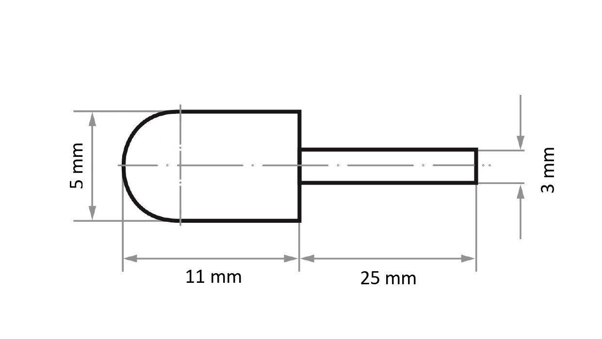Technický výkres objektu s valcovitým tvarom, ktorý je 25 mm dlhý a 3 mm široký, pripojený k polkruhovej hlave vysokej 5 mm a širokej 11 mm.