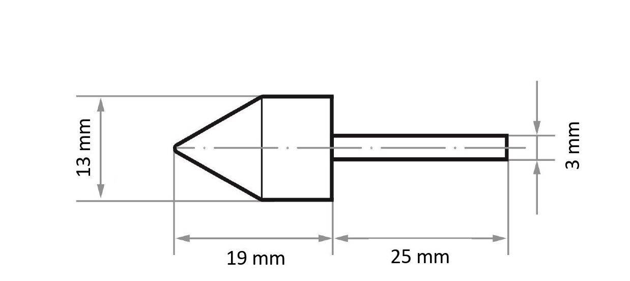 Technický výkres skrutky: priemer 13 mm, kužeľový úsek 19 mm, dĺžka 25 mm, priemer drieku 3 mm.