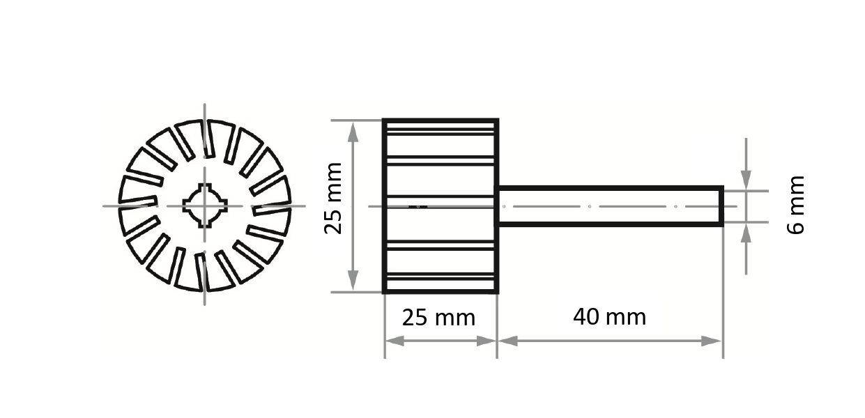 Technický výkres valcového nástroja s rozmermi: čelný pohľad zobrazuje priemer 25 mm; bočný pohľad ukazuje dĺžku 40 mm a hrúbku 6 mm.