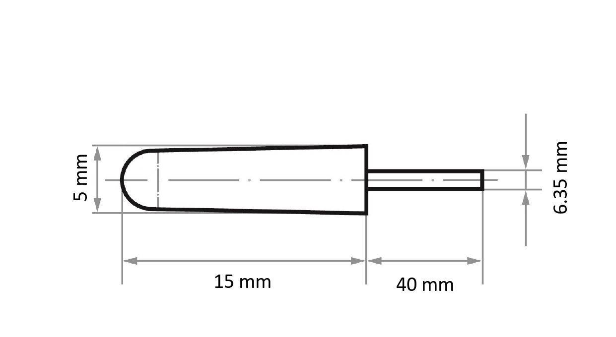 Diagram valcovitého objektu so zaoblenými koncami, ktorý má dĺžku 15 mm a výšku 5 mm, pripevneného k rukoväti s dĺžkou 40 mm a šírkou 6,35 mm.