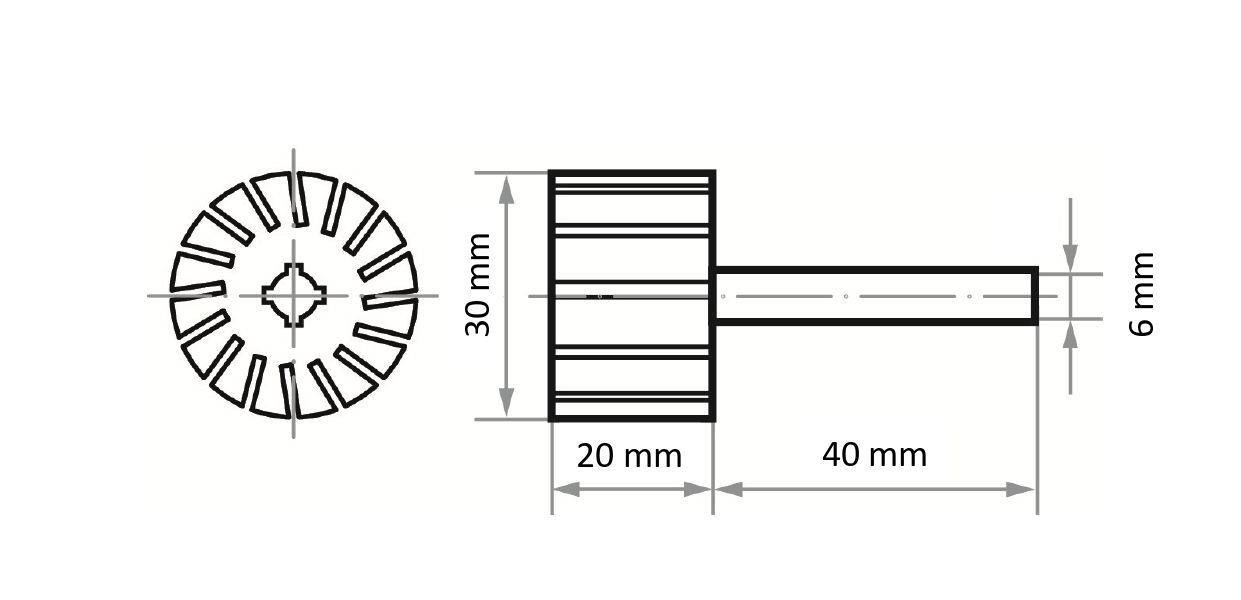 Technický výkres valcového komponentu s priemerom čela 30 mm, šírkou 20 mm, priemerom hriadeľa 6 mm a dĺžkou 40 mm.