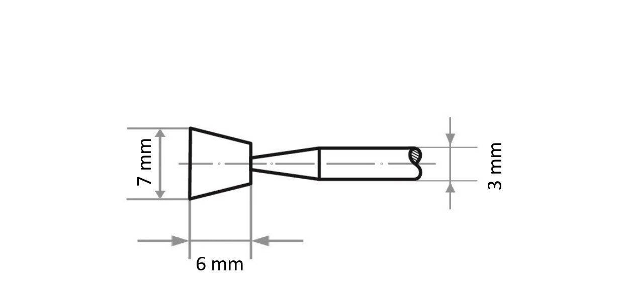 Diagram nástroja s rozmermi: 7 mm široký na jednom konci, 6 mm dlhý v strednej časti a 3 mm široký na druhom konci.