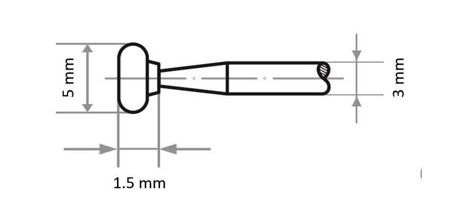Diagram kolíka s rozmermi: výška 5 mm, šírka 3 mm a hĺbka 1,5 mm. Obrázok poskytuje rozmery objektu.