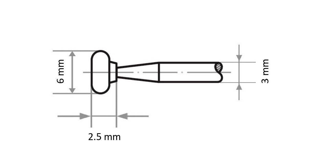 Pohľadový diagram z bočnej strany malého valcovitého objektu s rozmermi: 6 mm výška, 3 mm šírka a 2,5 mm dĺžka.