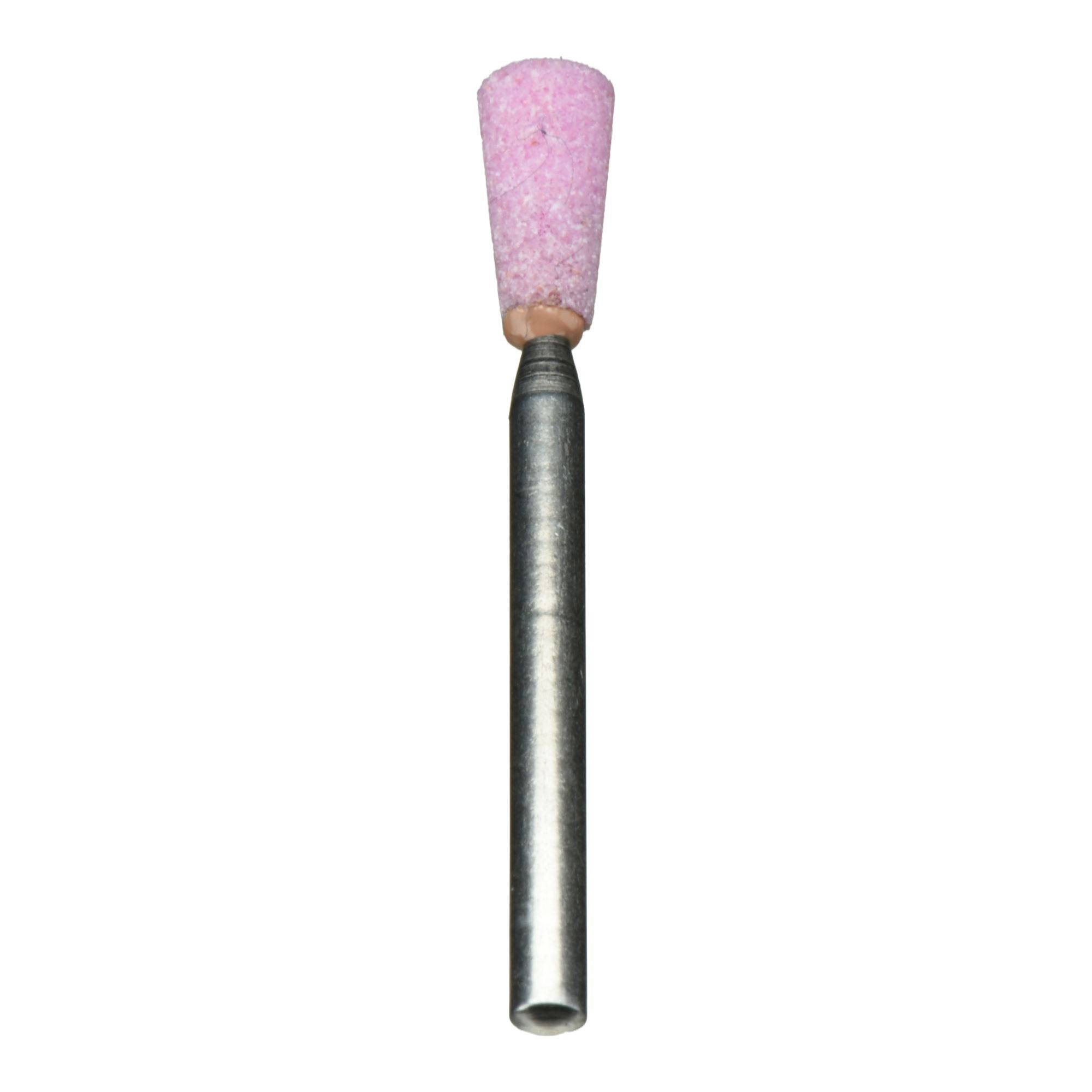 Valcový brúsny bit s ružovým brúsnym hrotom a kovovým driekom, používaný na tvarovanie alebo vyhladenie povrchov v rôznych materiáloch.