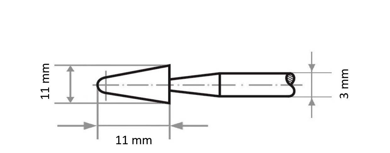 Technický výkres kónického dýzu. Rozmery: šírka 11 mm, dĺžka 11 mm a priemer hrotu 3 mm.