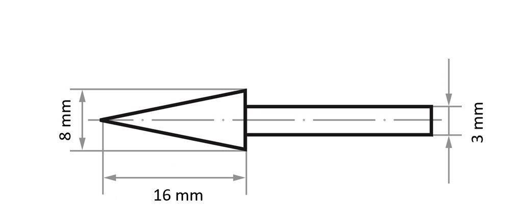Obrázok technického výkresu kužeľa s rozmermi: 16 mm dĺžka, 8 mm šírka základne, pripojený ku valcu so šírkou 3 mm.