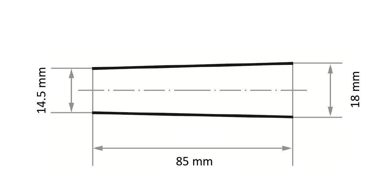 Lichobežník s hornou stranou 14,5 mm, dolnou stranou 18 mm a šírkou 85 mm. Výška lichobežníka je vyznačená prerušovanými čiarami.