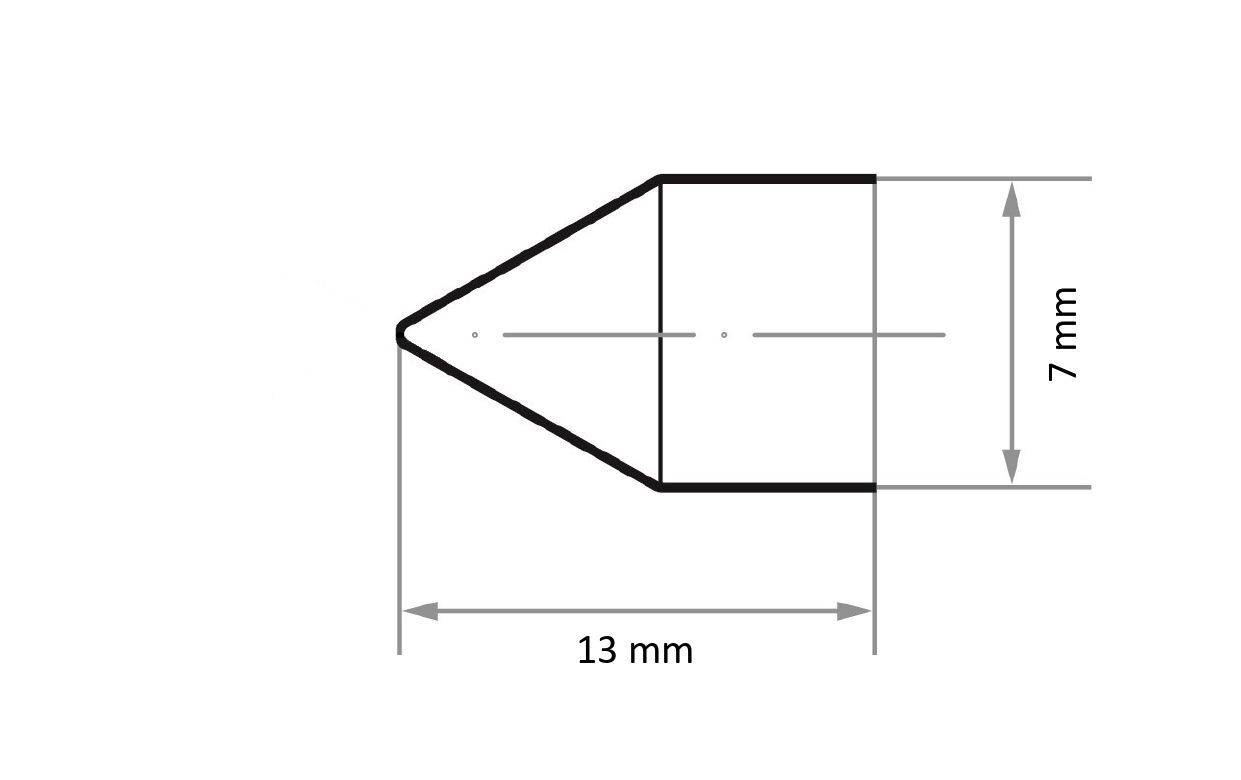 Technický diagram kónického dýza. Dĺžka dýzy je 13 mm a priemer je 7 mm.