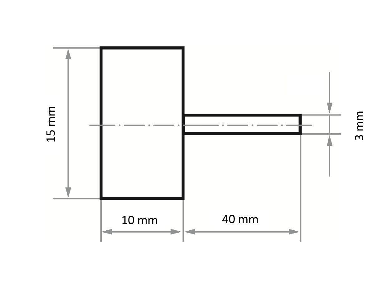 Technický výkres znázorňujúci T-tvarovaný objekt. Ľavá strana: vertikálna, 15 mm vysoká, 10 mm široká. Pravá strana: horizontálna, 40 mm dlhá, 3 mm hrubá.