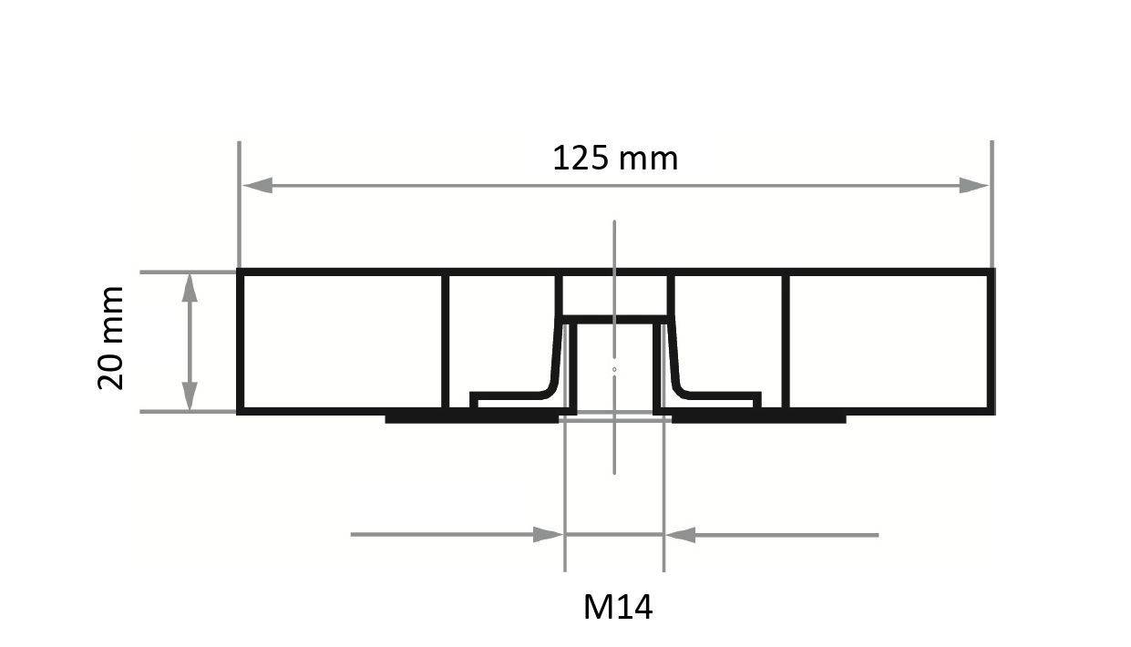 Technický výkres disku s priemerom 125 mm a hrúbkou 20 mm. Stredový otvor je označený "M14".