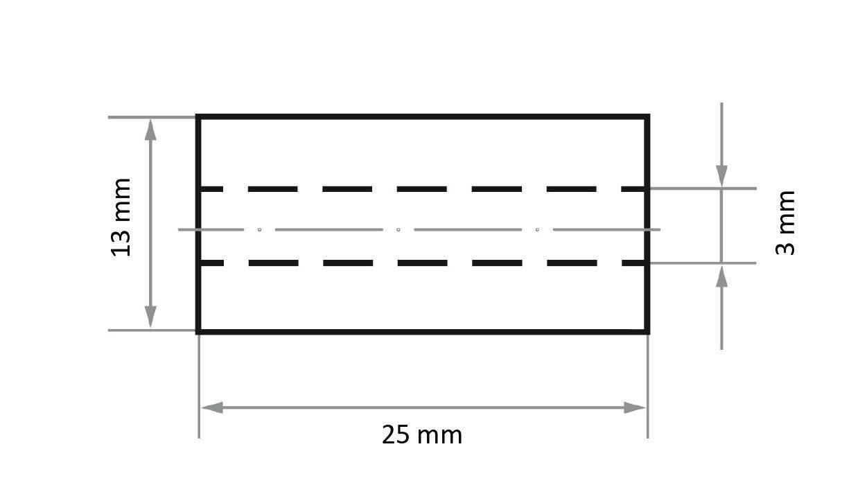 Diagram obdĺžnikového objektu, širokého 25 mm a vysokého 13 mm, s horizontálnou prerušovanou čiarou umiestnenou v strede a vzdialenou 3 mm od plných čiar.