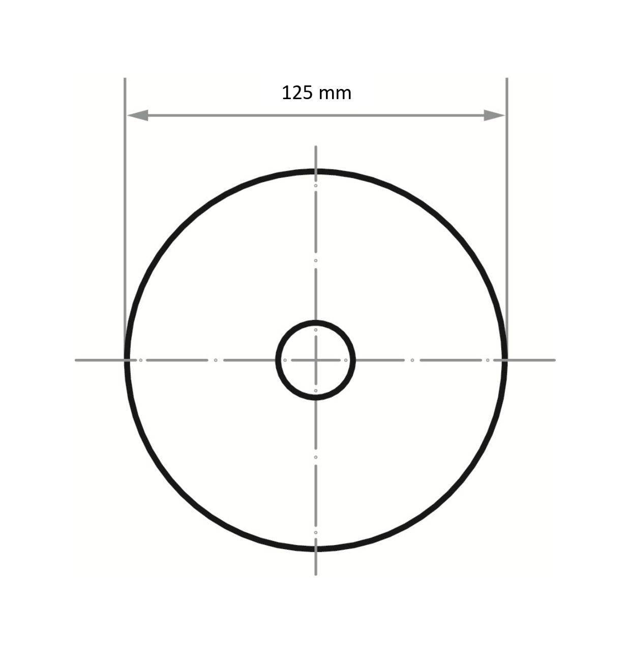 Diagram veľkého kruhu s priemerom 125 mm, umiestneného súosovo nad menším kruhom, pričom oba kruhy majú vyznačené osové čiary na zaistenie presného zarovnania.