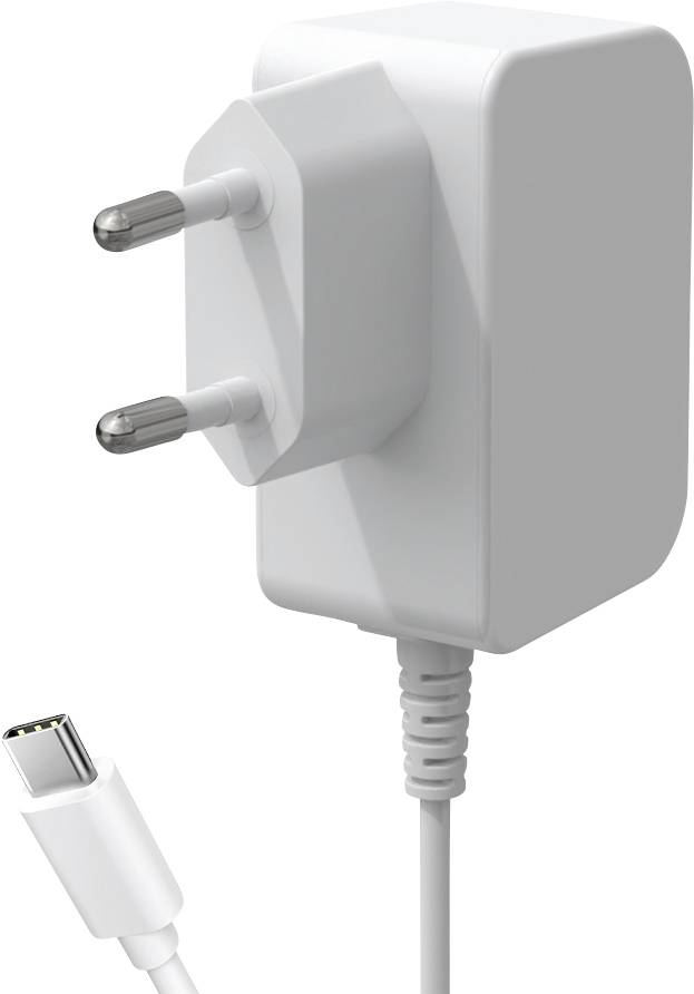 Biely nabíjací adaptér s dvojvidlicovou zástrčkou a USB-C konektorom, určený na nabíjanie elektronických zariadení.