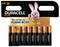 Balenie Duracell Plus batérií AA s Duracell Bunny na obale, propagujúce až 150% dodatočný čas trvania s Power Boost.