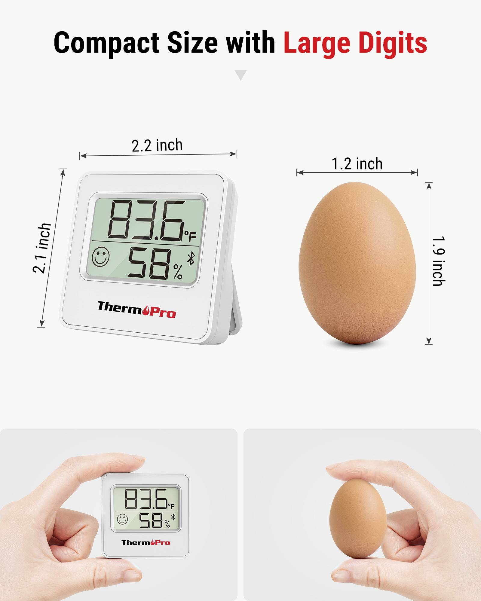 Digitálny teplomer-vlhkomer 'ThermoPro' zobrazujúci 83,6 °F a 58% vlhkosti, vedľa vajíčka pre porovnanie veľkosti.