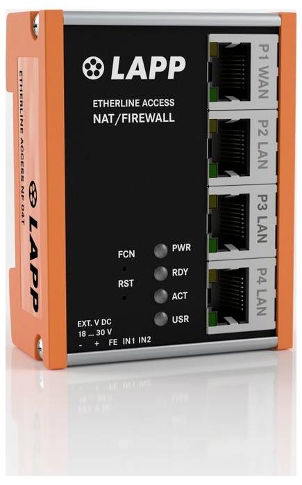 Zariadenie 'Etherline Access NAT/Firewall' od spoločnosti LAPP disponuje portmi P1 WAN a P2-P4 LAN, indikátorom napájania, resetovacím tlačidlom a stavovými kontrolkami.