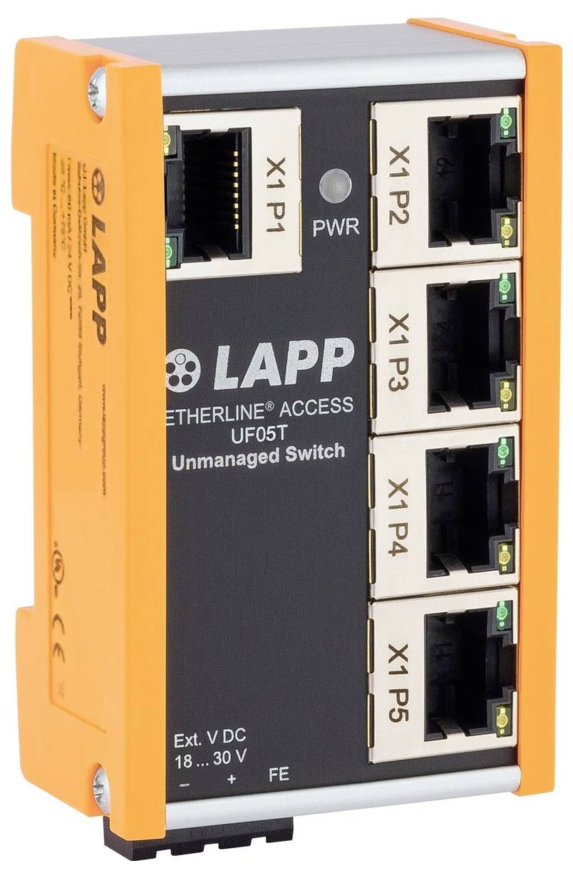 Etherline Access UF05T Nemanažovaný prepínač s piatimi ethernetovými portami označenými X1 P1 až X1 P5, indikátorom napájania a DC vstupom.