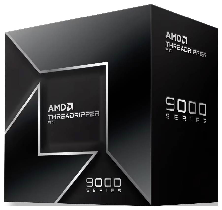 Obrázok zobrazuje škatuľu série 'AMD Threadripper Pro 9000', ktorá má elegantný čierny dizajn s logom produktu a číslom série.