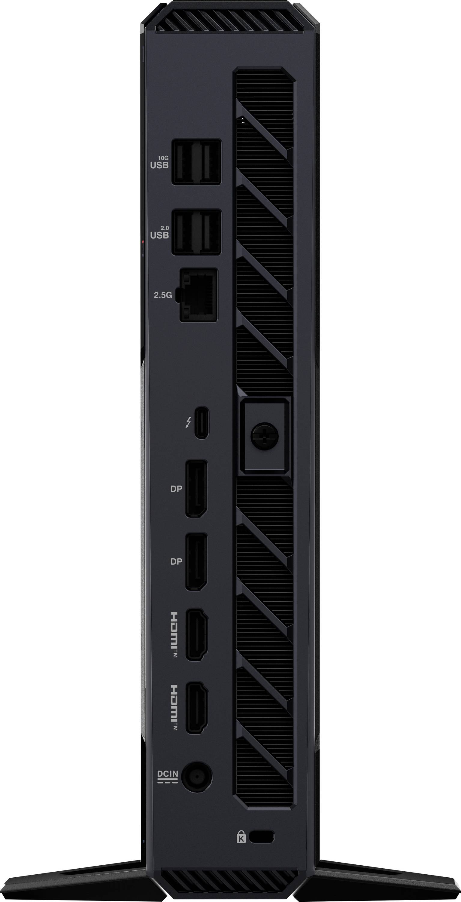 Vertikálna čierna počítačová veža s viacerými portami vrátane USB, Ethernet, DisplayPort, HDMI a napájacích konektorov na bočnej strane.