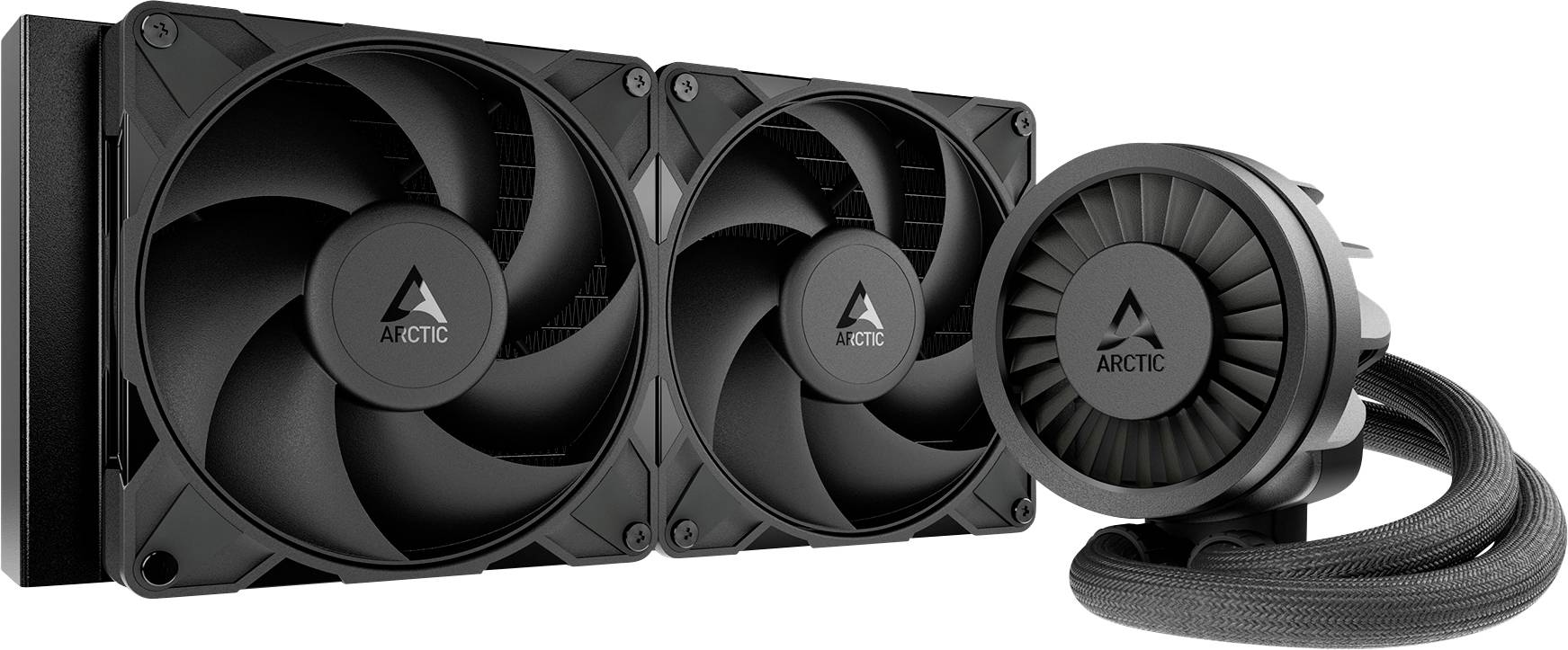 Chladiaci systém 'Arctic Liquid Freezer II 240' s duálnymi ventilátormi a jednotkou čerpadla s hadicami, navrhnutý pre efektívne chladenie počítača.