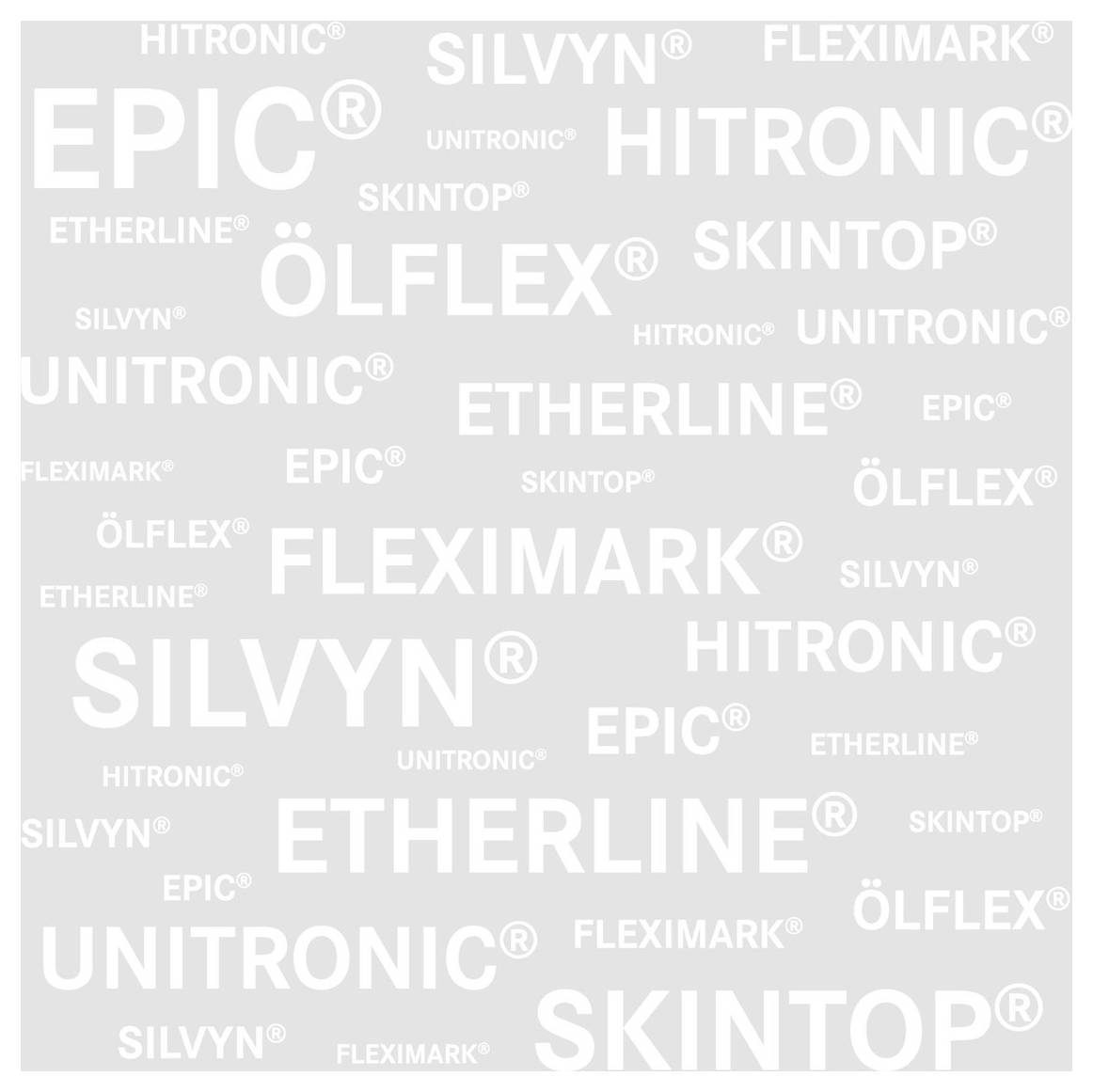 Vzorovaný pozadí pozostávajúci z rôznych slov a názvov značiek ako 'EPIC', 'HITRONIC', 'ÖLFLEX' a 'SKINTOP', opakovaných v rôznych veľkostiach.