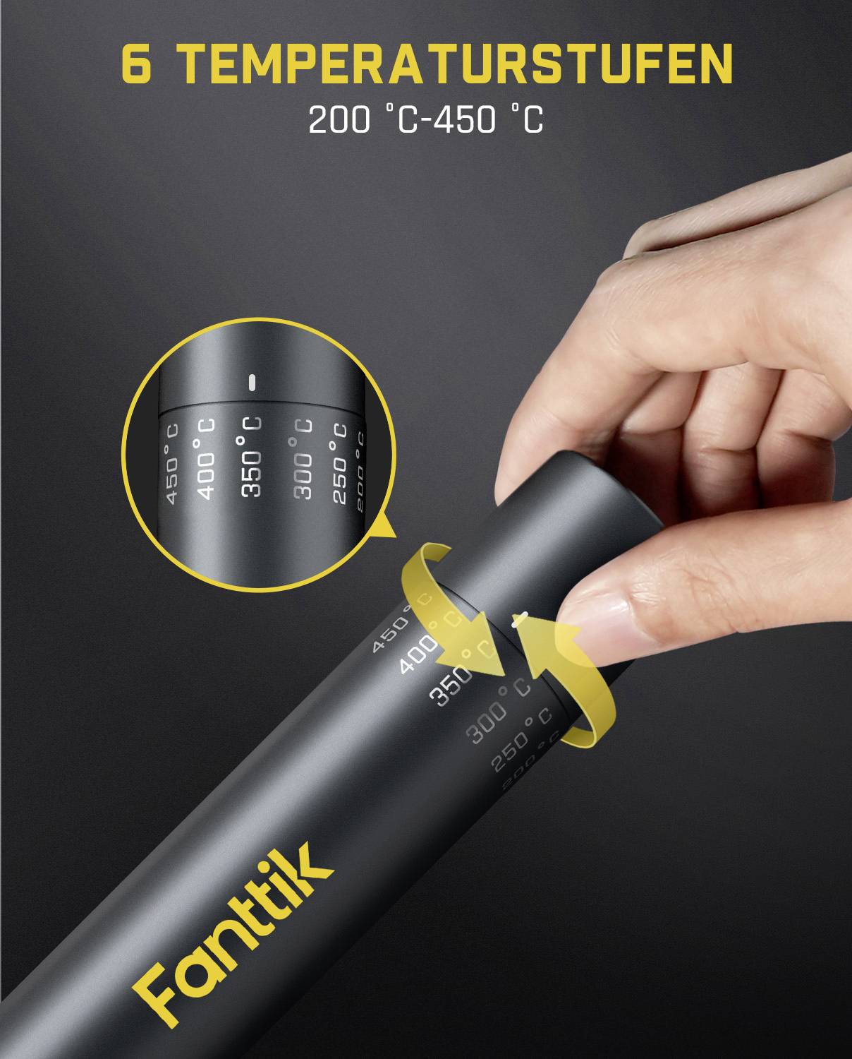 Ruka nastavuje teplotný ovládač na zariadení Fanttik, s nastaveniami od 200°C do 450°C. Text znie "6 teplotných stupňov".